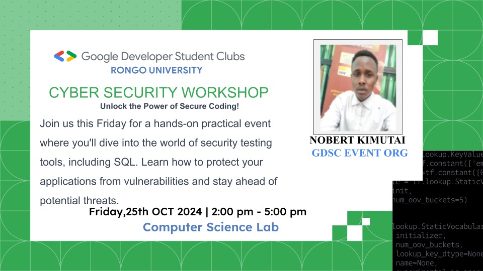 Cyber Security Workshop

📍Computer Science Lab
🗓️ Friday, Oct 25th
⌛2:00 PM - 5:00PM

👨‍💼Facilitator:
Nobert Kimutai - Events Organiser 

Join Our WhatsApp Community:
chat.whatsapp.com/FpLKoqfnZGuFah…
