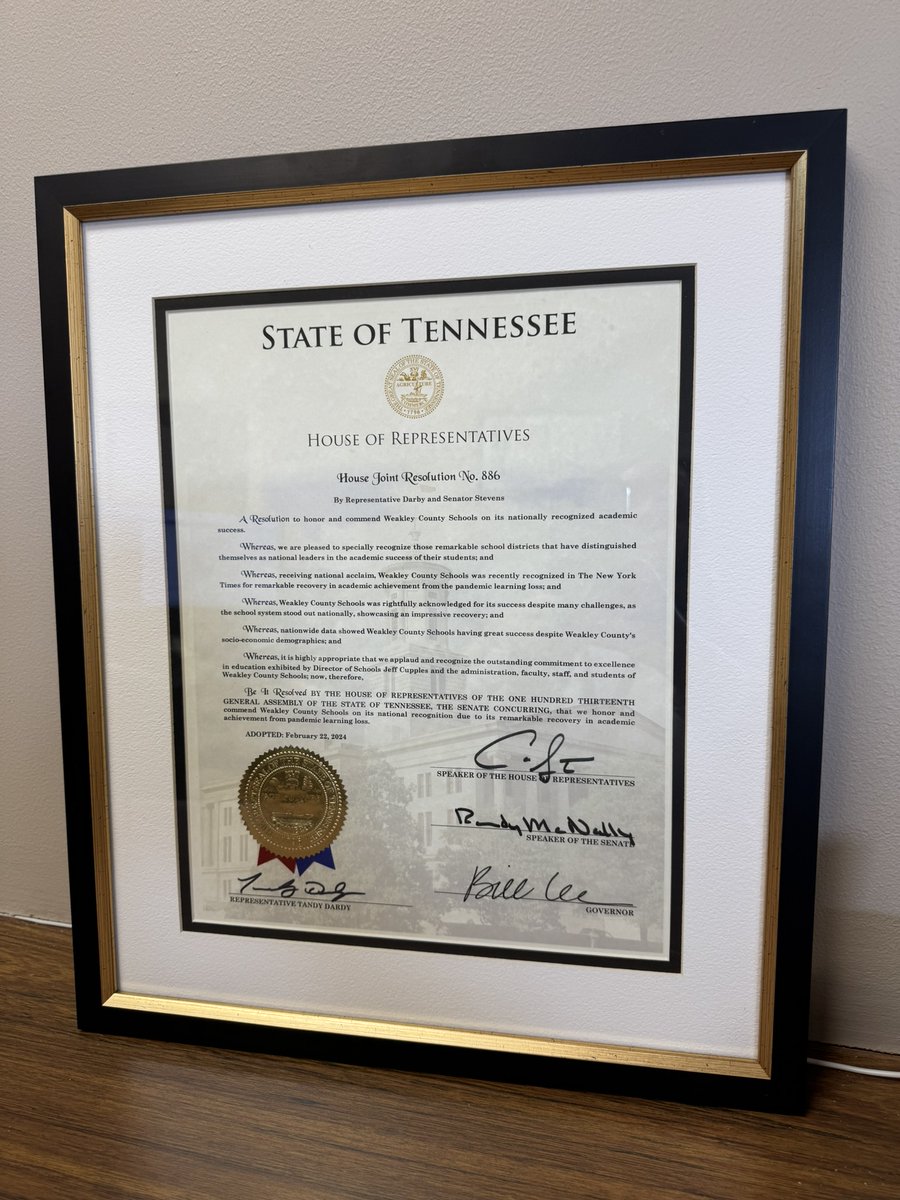 Weakley County Schools (@weakleyschools) on Twitter photo What an honor! On behalf of students, faculty, staff, retired Director of Schools Randy Frazier, retired teachers, and graduated students, Director Cupples accepted a resolution from TN State Rep <a href="/tandarby/">Tandy Darby</a> celebrating our national recognition for academic recovery post-pandemic. What an honor! On behalf of students, faculty, staff, retired Director of Schools Randy Frazier, retired teachers, and graduated students, Director Cupples accepted a resolution from TN State Rep <a href="/tandarby/">Tandy Darby</a> celebrating our national recognition for academic recovery post-pandemic.