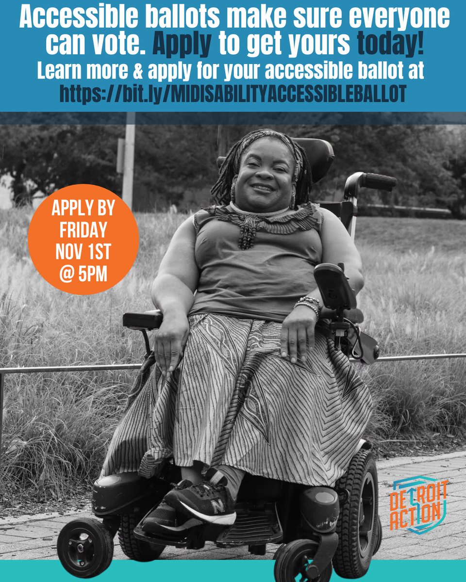 Michiganders w/ disabilities have the right to vote at home or in person.

And you can apply for an accessible electronic voter ballot for Tue, Nov 5th by clicking this link bit.ly/MIDISABILITYAC…

The deadline to submit the accessible voter ballot form is Fri, Nov 1st at 5pm.