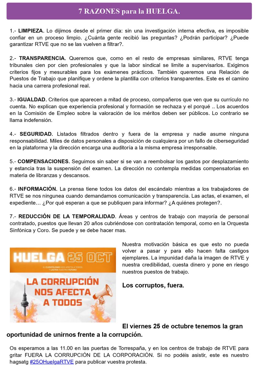 Apoyamos la huelga del 25 de octubre contra la corrupción en RTVE. Por una Relación de Puestos de Trabajo, unas oposiciones justas y con reglas transparentes, una carrera profesional y aumentar el personal en las áreas con carencias. #25OHuelgaRTVE #OposicionesRTVE <a href="/AfectadosRTVE/">Afectados RTVE</a>