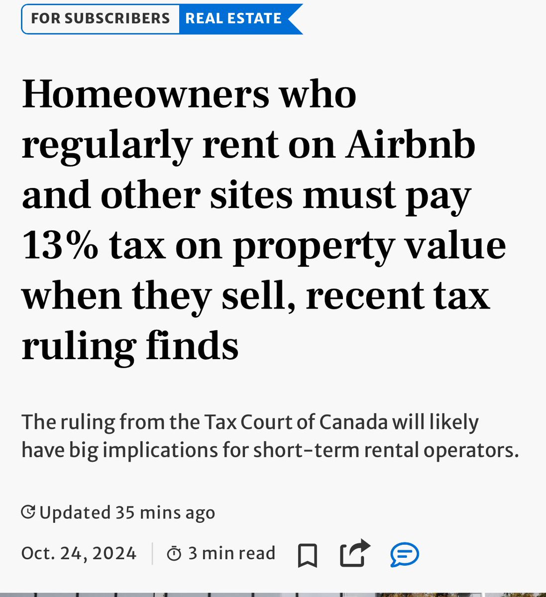 MelissaLMRogers's tweet photo. HOLY CRAP 🇨🇦 Another significant TAX placed on Canadians. 13% TAX on the property value at sale, if they regularly rented on Airbnb and other sites 🤯🤯 INSANE https://t.co/JTuWSZkrP0