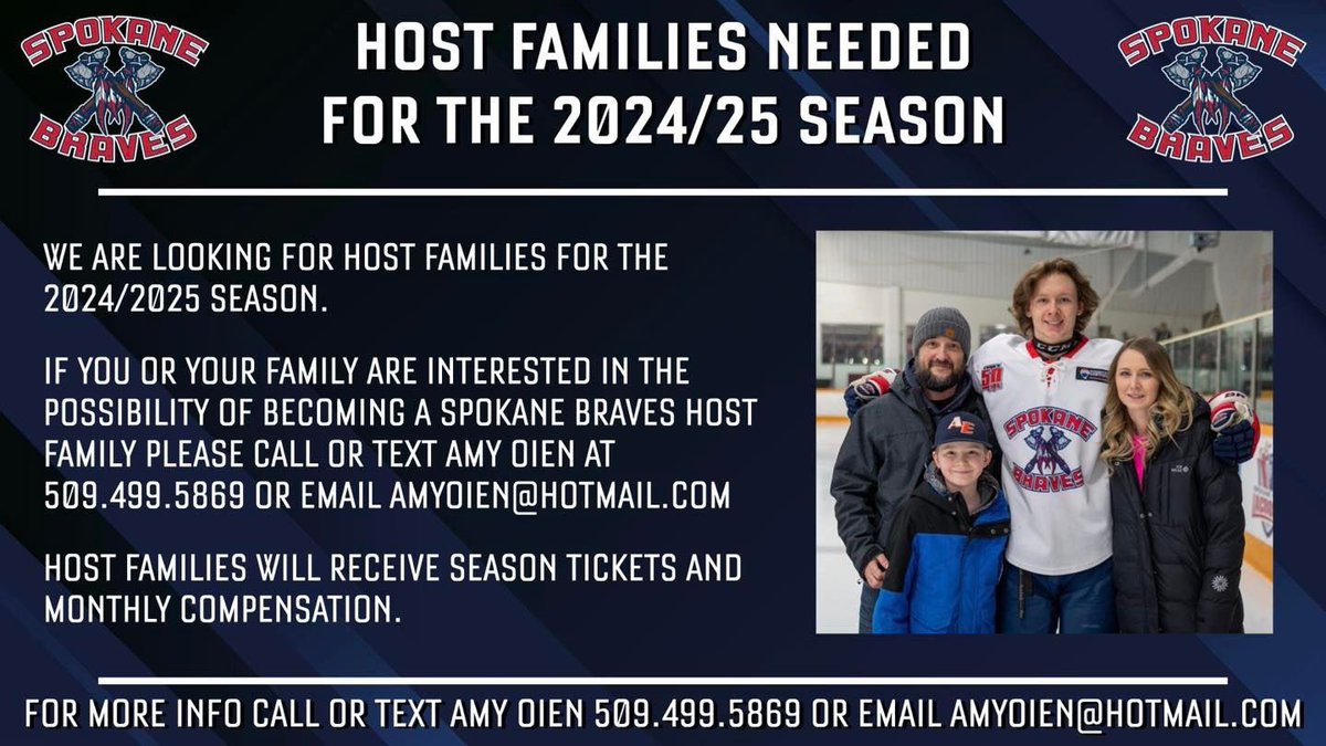 SpoBravesHockey's tweet photo. We are looking for a couple host families for the rest of the season.  Please contact Amy Oien at 509.499.5869 if you are interested or have any questions. 

#spokane #spokanevalley https://t.co/YdnXQwDsY7