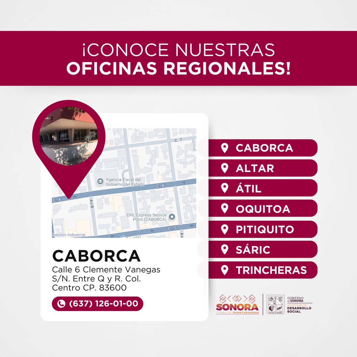 SonoraBienestar's tweet photo. 🔎 ¡Conoce nuestras Oficinas Regionales!
En Caborca tenemos una de ellas, donde encontrarás a servidores públicos de #Sedesson con toda la disposición para orientarte sobre nuestros programas sociales.
📍Calle Clemente Vanegas S/N, entre Q y R, colonia Centro.
☎️ 637 1260100 https://t.co/iTkEZbMf3g