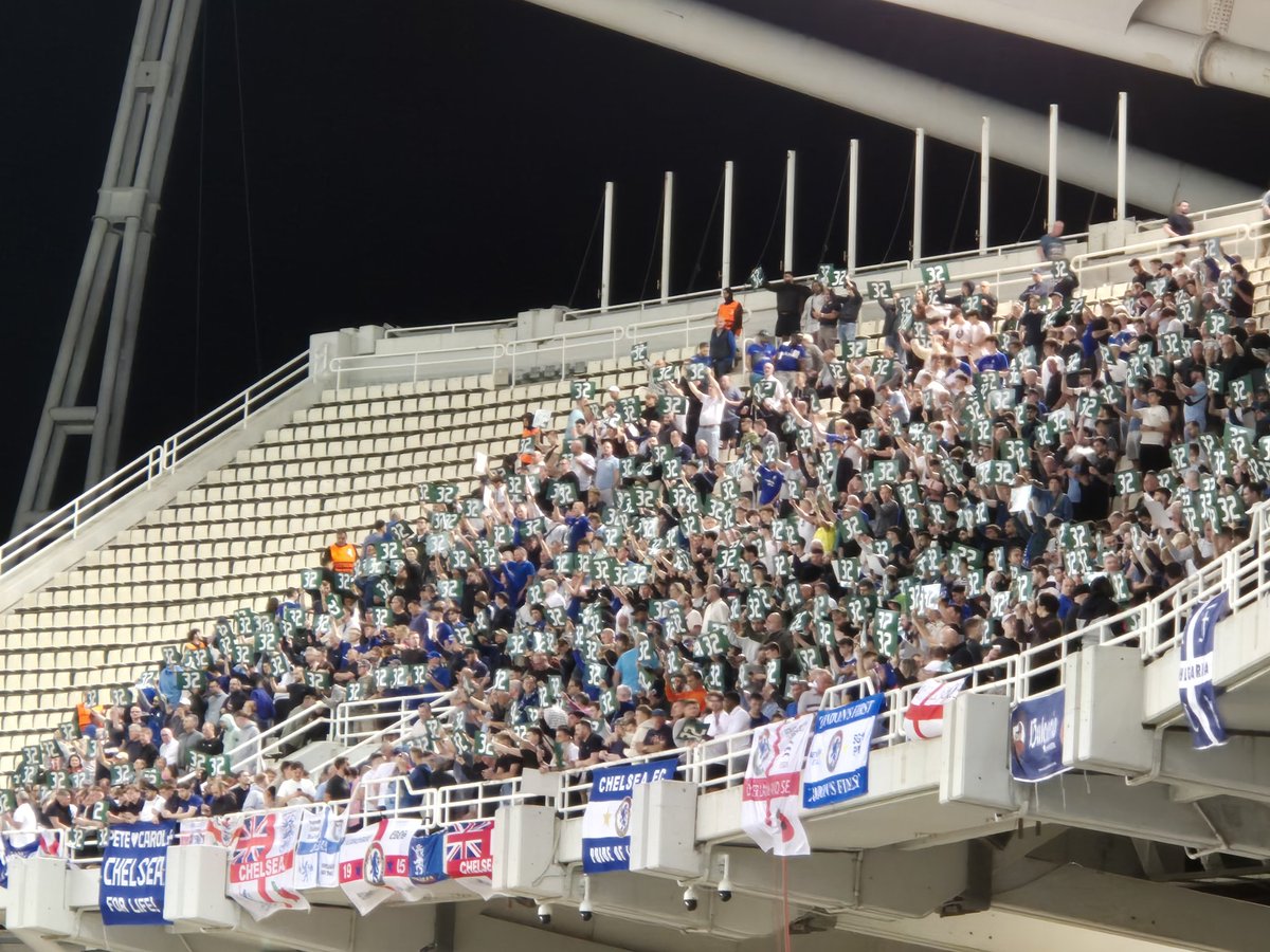 Awaydays23's tweet photo. Chelsea in Athens tonight 

Paying tribute to George Baldock #CFC https://t.co/NVOQAoSbA6