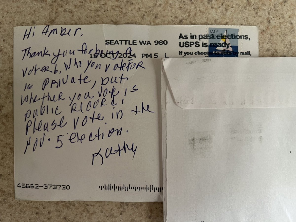 THEamberadams's tweet image. Kathy, I got your postcard and, I’ll definitely be voting ❤️