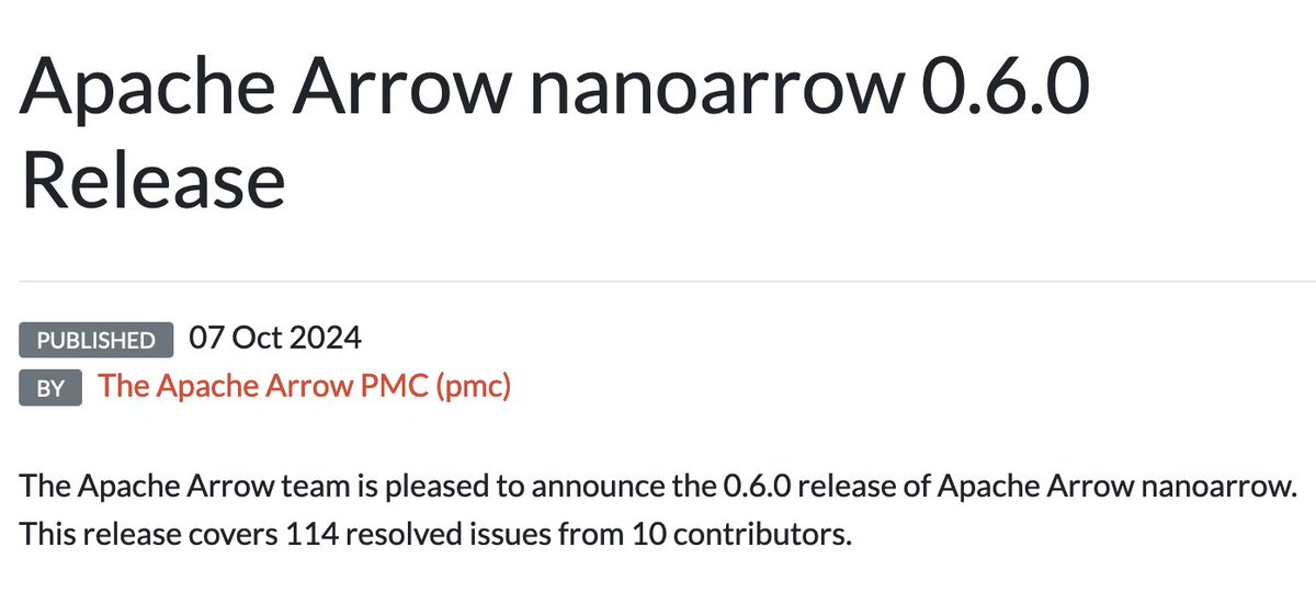 Dewey Dunnington (@paleolimbot) on Twitter photo ApacheArrow nanoarrow 0.6.0 is released! This project is one of my favourite things to work on - it's a C library with C++, R, and Python bindings that make it easier than ever before to import and export tabular data using <a href="/ApacheArrow/">ApacheArrow</a> 🧵 ⬇️ ApacheArrow nanoarrow 0.6.0 is released! This project is one of my favourite things to work on - it's a C library with C++, R, and Python bindings that make it easier than ever before to import and export tabular data using <a href="/ApacheArrow/">ApacheArrow</a> 🧵 ⬇️