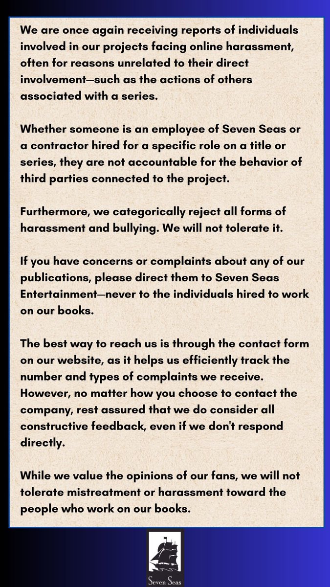 gomanga's tweet photo. We are making an official statement in regards to recent reports of harassment and bullying toward Seven Seas employees and contractors. We do not condone nor will we tolerate this behavior. If you have comments or concerns, please contact us at press@gomanga.com https://t.co/x5tvb6OjQW