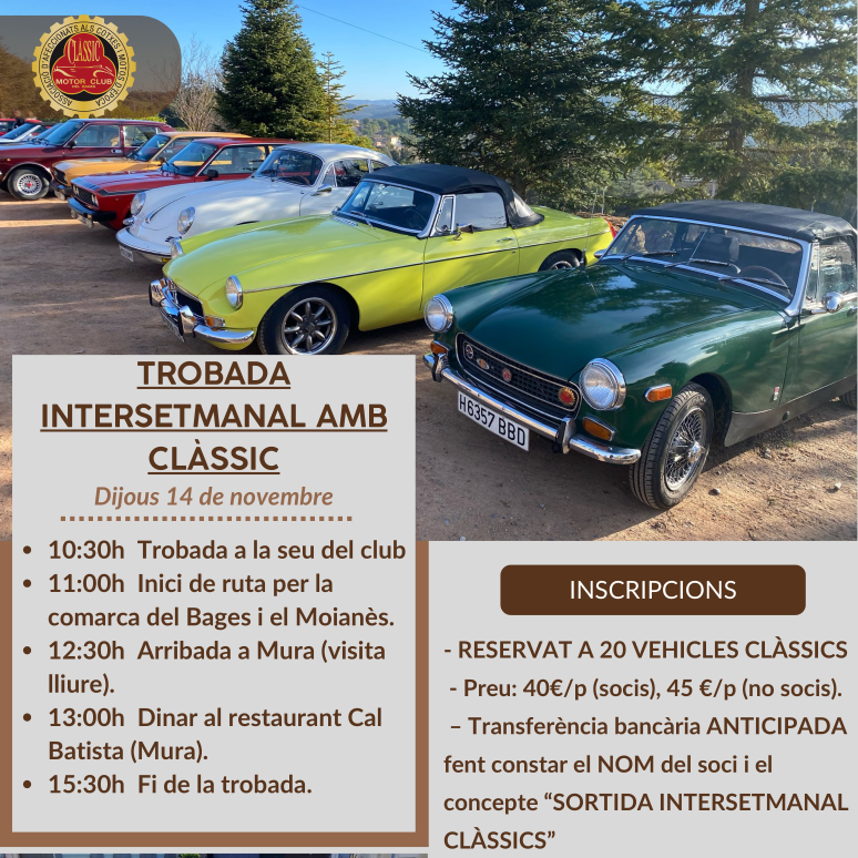 El més habitual és fer trobades coincidint amb el cap de setmana, però al #classicmotorclubdelbages de vegades innovem i fem propostes com aquesta: vols venir amb el teu clàssic un dijous? Som-hi. Inscripcions obertes al web del Clàssic.