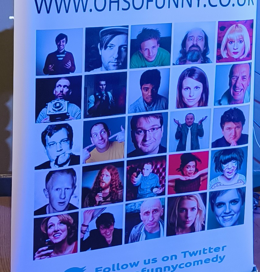 This is a poster thing for my local comedy club. But for months I've been trying to work out who the people in column 1 are in rows 3, 4 and 5.

(Also row 1 column 3)

Pls help.