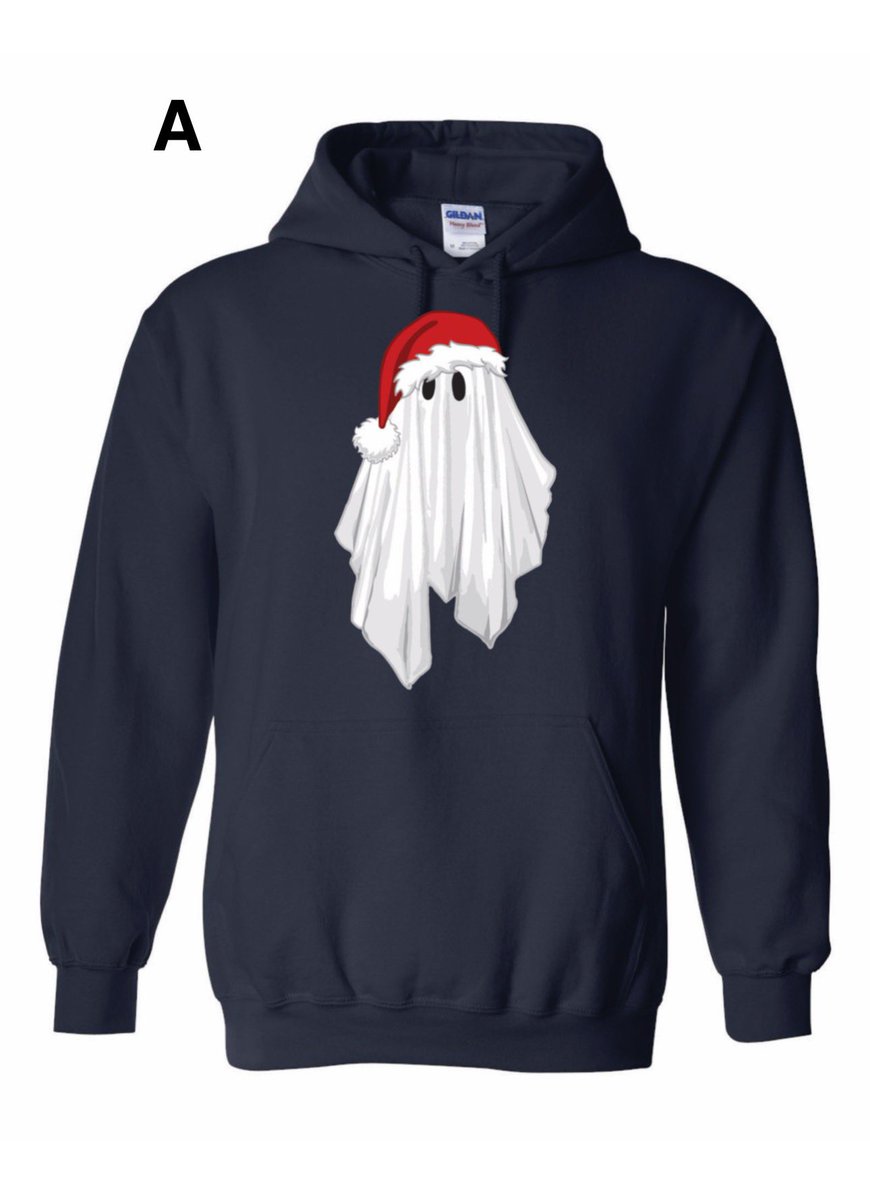 AdamJBerry's tweet photo. YOU PICK!! Comment A, B, or C for the design and style you’d get! Dropping the presale for “Spirit of Christmas” November 1st! #HauntedLifeMerch #SpiritofChristmas #GhostHoodie #GhostMerch #AdamBerryMerch https://t.co/sbgbcVCDZn