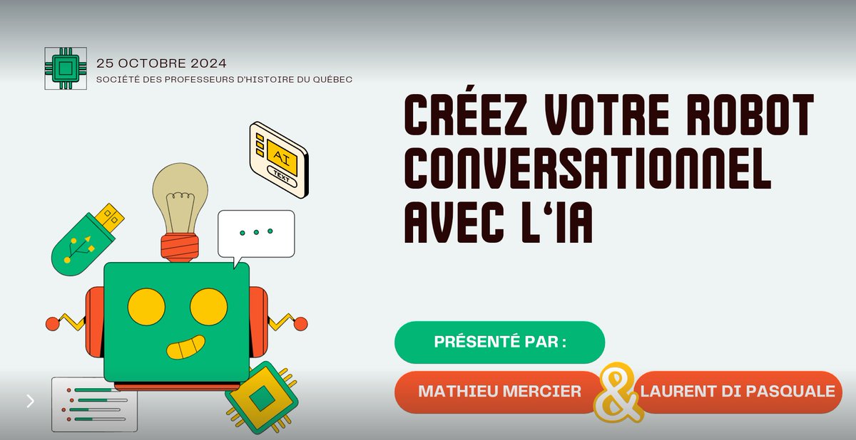 J'aurai le plaisir d'animer 2 ateliers demain au Congrès de la Société des professeurs d'histoire du Québec.

Enseigner l'Holocauste
Créer votre robot conversationnel avec l'IA pour travailler le jugement critique, la nuance et l'analyse.

Au plaisir de vous y rencontrer !