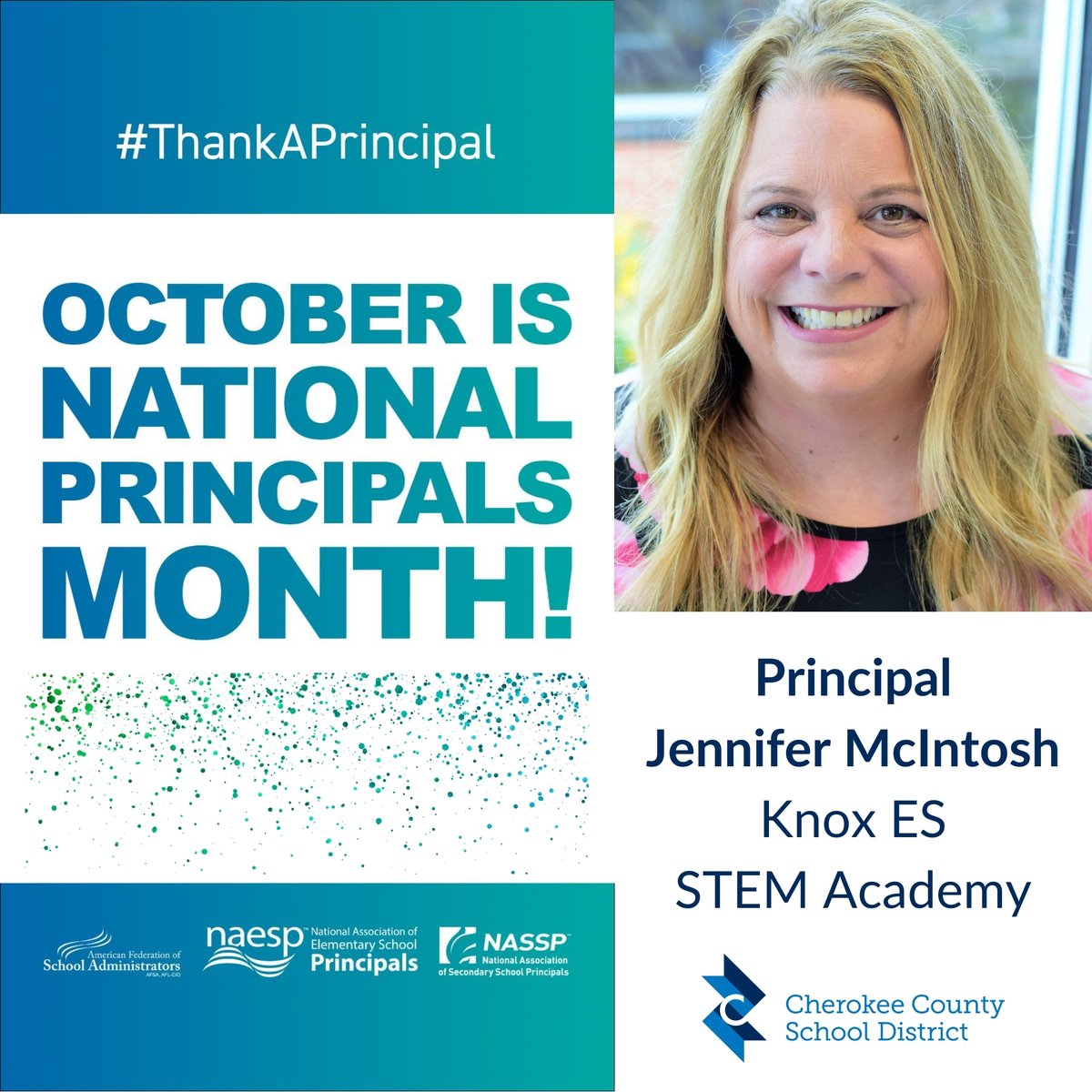 October is National Principals Month!  Our Principals are Elevating the Excellence every day in our schools by providing leadership and inspiration.  Today, we're recognizing Knox ES STEM Academy Principal Jennifer McIntosh: cherokeek12.net/post-detail/~b… #CCSDElevateTheExcellence