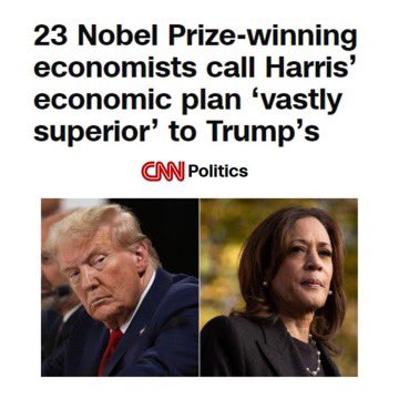 #VoteBlue #VoteHarrisWalz #wtpBlue WE THE PEOPLE wtp2532

The reviews are in and 23 Nobel Prize winning economists, along with Moody's, the Wall Street Journal, and Goldman Sachs say that Harris' economic plan will strengthen the economy and Trump's will crater it. If you are