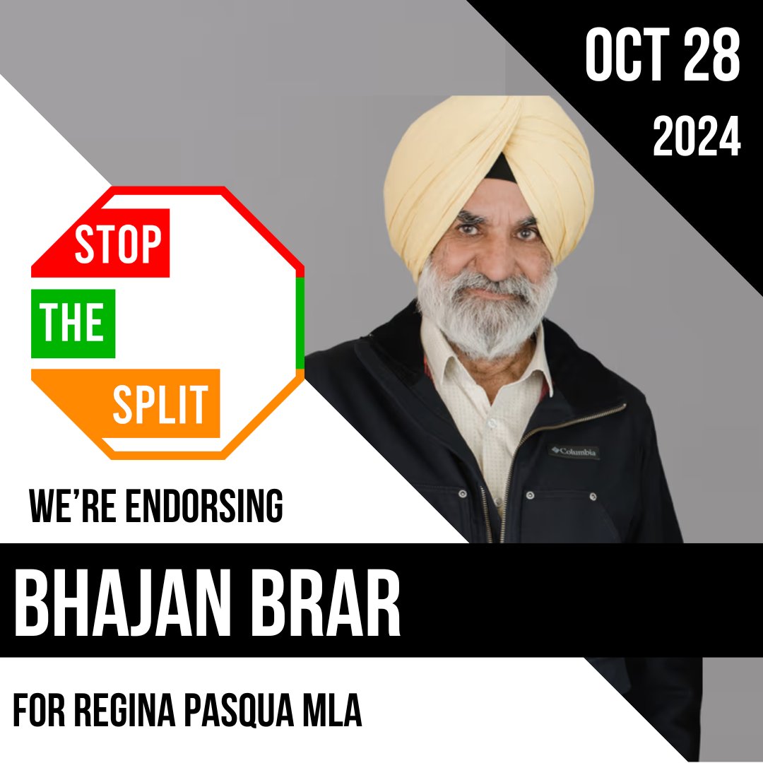 🟠We’re endorsing Bhajan Brar of the <a href="/Sask_NDP/">Saskatchewan New Democrats</a> for Regina Pasqua to #UniteTheVote and #StopTheSplit on October 28!

Bhajan is best positioned to defeat Scott Moe’s candidate and will fight for #ReginaPasqua.

#cdnpoli #skpoli #MoeMustGo