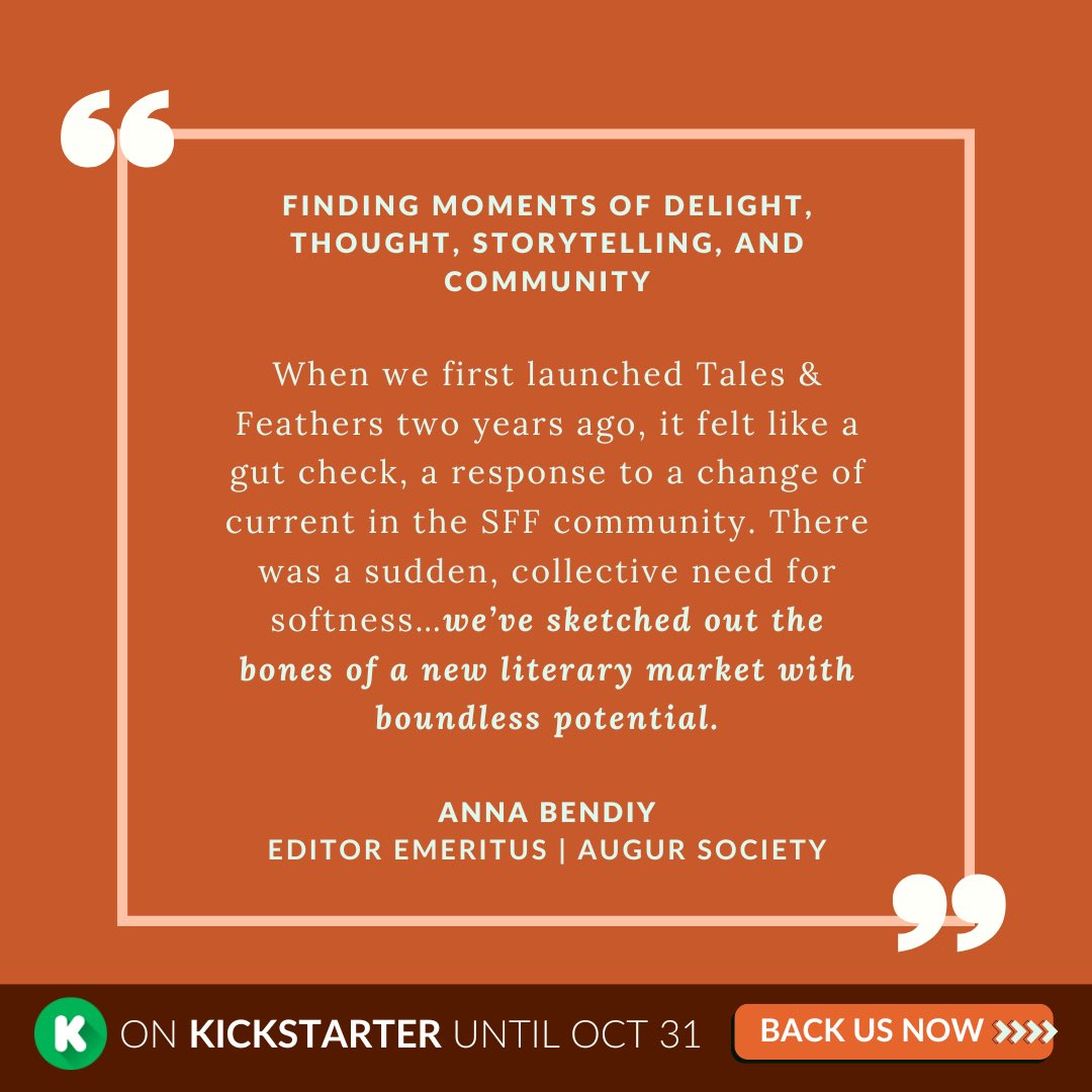 augursociety's tweet photo. At Augur Society, we break down barriers💥 &amp; carve out new lit spaces 💫. 

Today on Kickstarter, former Co-Founder and Co-Editor-in-Chief @lion_reads dives into the humble beginnings of how @TalesFeathers came to be &amp; WHY it is so important in the Canadian spec-fic landscape. https://t.co/oIthXc9FZP