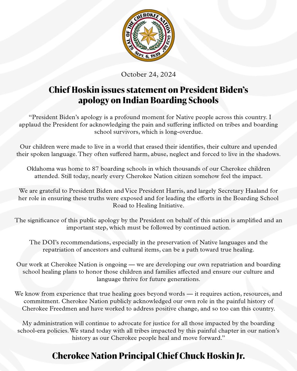 Cherokee Nation (@cherokeenation) on Twitter photo President <a href="/JoeBiden/">Joe Biden</a> is expected to apologize to tribes on Friday for the country's Indian #BoardingSchools. Here is Cherokee Nation Principal Chief <a href="/ChuckHoskin_Jr/">Chief Chuck Hoskin, Jr.</a>'s statement on <a href="/POTUS/">President Donald J. Trump</a>' apology. President <a href="/JoeBiden/">Joe Biden</a> is expected to apologize to tribes on Friday for the country's Indian #BoardingSchools. Here is Cherokee Nation Principal Chief <a href="/ChuckHoskin_Jr/">Chief Chuck Hoskin, Jr.</a>'s statement on <a href="/POTUS/">President Donald J. Trump</a>' apology.