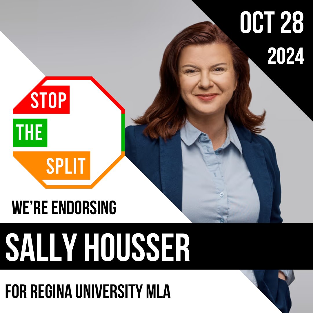 🟠We’re endorsing <a href="/salhousser/">Sally Housser</a> of the <a href="/Sask_NDP/">Saskatchewan New Democrats</a> for Regina University to #UniteTheVote and #StopTheSplit on October 28!

Sally is best positioned to defeat Scott Moe’s candidate and will fight for #ReginaUniversity.

#cdnpoli #skpoli #MoeMustGo