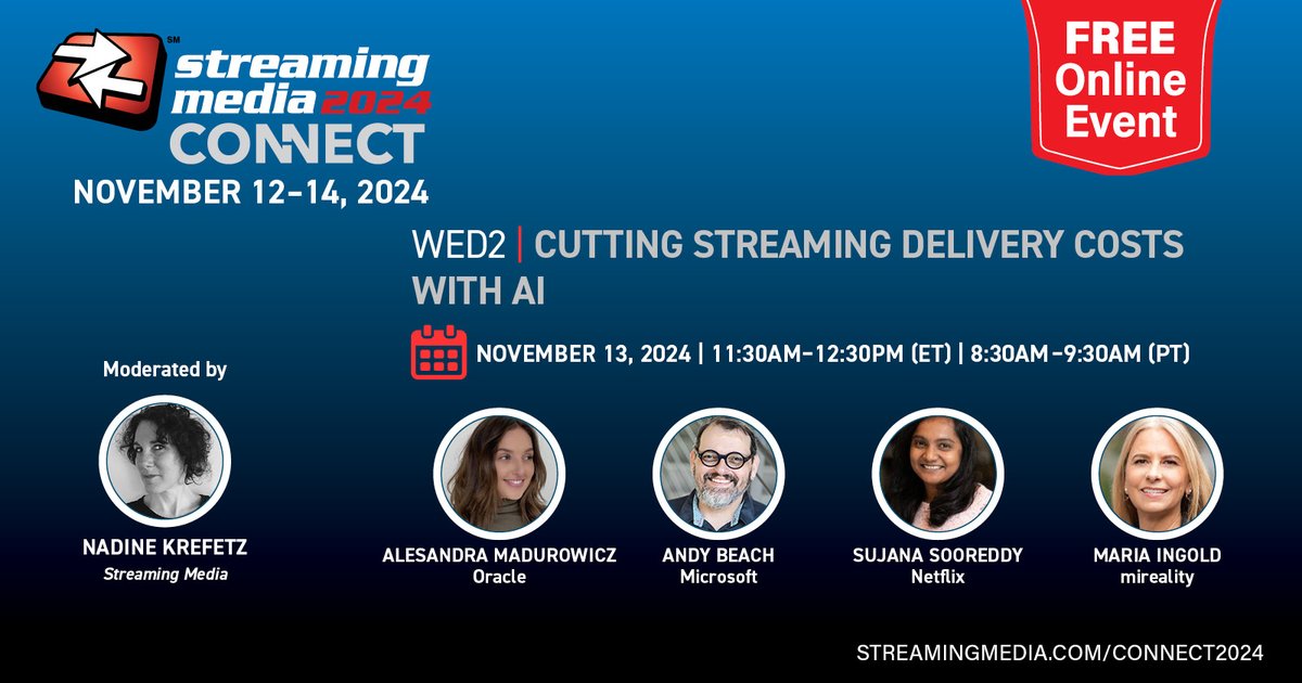 Alesandra Madurowicz, <a href="/Oracle/">Oracle</a>, Andy Beach, <a href="/Microsoft/">Microsoft</a>, Sujana Sooreddy, @Netflix, and <a href="/MariaIngold/">Maria Ingold</a> will discuss how AI is transforming streaming delivery and reducing costs, online at #StreamingConnect. Register now for FREE! secure.infotoday.com/RegForms/Strea…