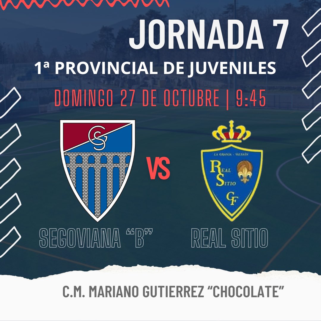 🏆 1ª LIGA PROVINCIAL DE JUVENILES

✅ Jornada 7
🗓 Domingo 27 de Octubre
⏰ 9:45
🏟 C.M. José Antonio Minguela
🆚 <a href="/realsitiocf/">Real Sitio C.F. Oficial</a> 

#SomosLaBase #Segocantera 🔴🔵