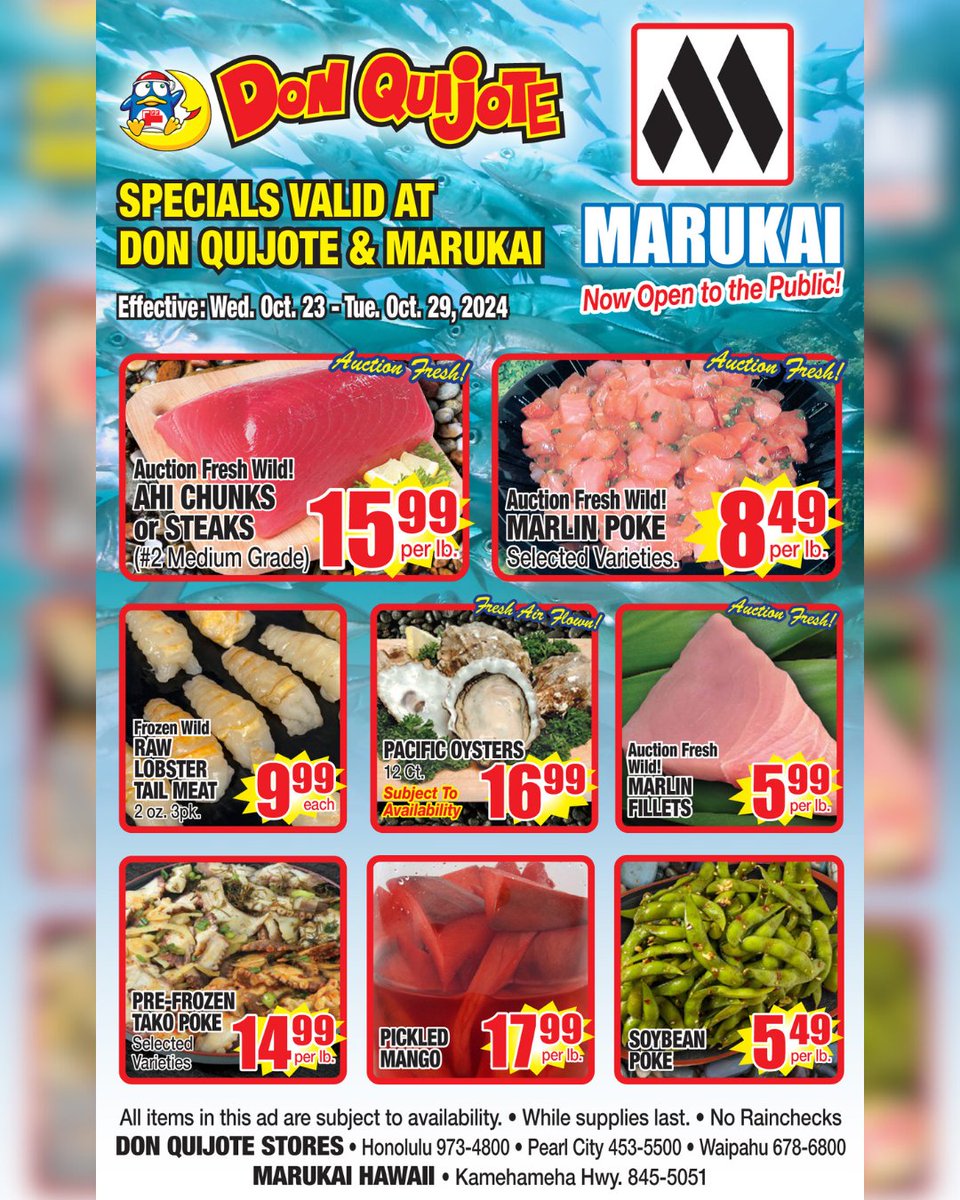 Reel in savings now through Tuesday, October 29! Enjoy special deals on auction-fresh ahi poke, lobster tails, Pacific oysters, and much more. 🦞🦪  #MarukaiHawaii #Hawaii #specials #weeklyad