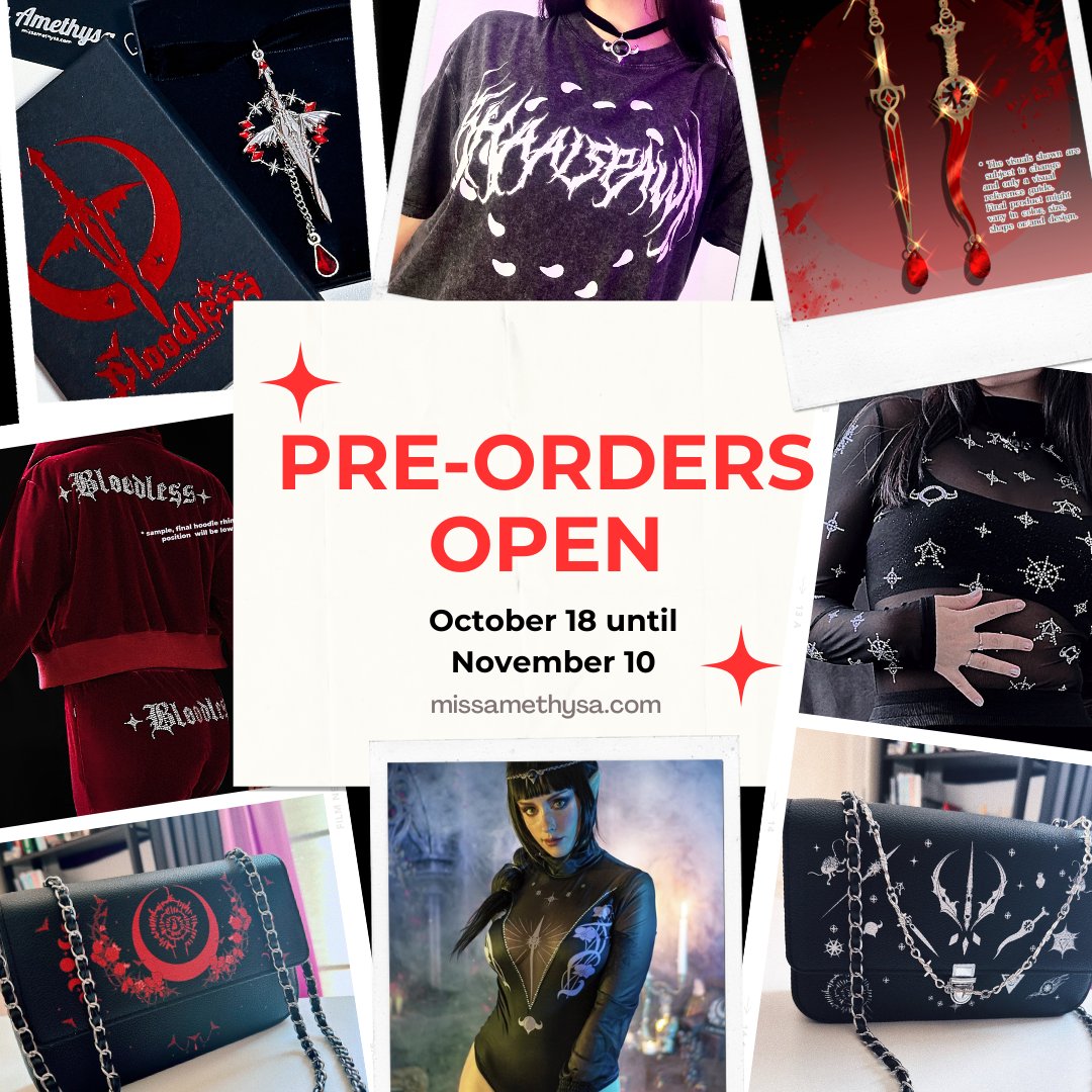 MissAmethysa's tweet photo. ✨ PRE-ORDERS OPEN ✨

❤️ New tracksuit strass sets
❤️ Bloodless jewelry
❤️ The Red (Silver + Gold) leftovers
❤️ New bodysuits

Pre-orders available for purchase only until November 10 ✨

https://t.co/kCI71ZeRti https://t.co/hey7Kt0vli