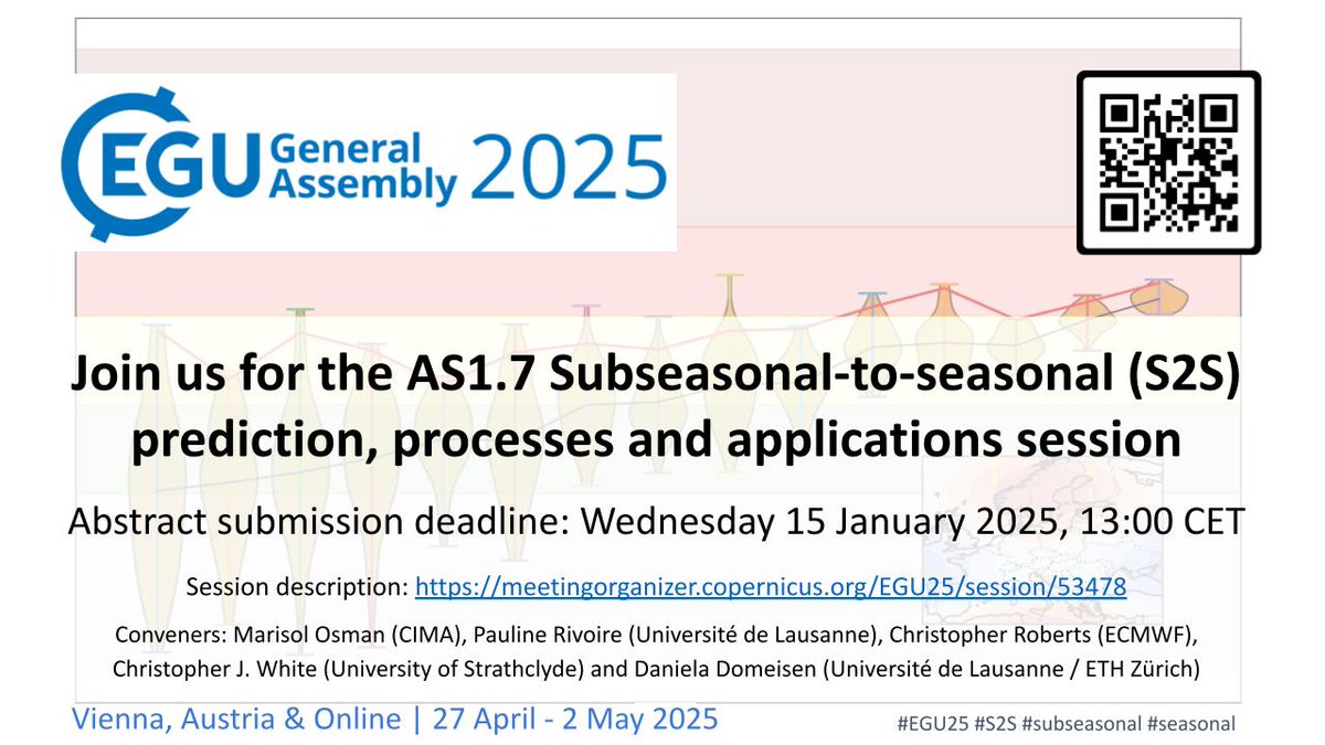 Sol Osman (@marisol_osman) on Twitter photo The #EGU25 call for abstracts is open! Join our session AS1.7 to discuss recent advances in #S2S prediction, including process understanding and applications. We look forward to your contribution! <a href="/Dr_Chris_White/">Dr Chris White</a> <a href="/ClimatePrimate/">Chris Roberts</a> <a href="/Domeisen_D/">Daniela Domeisen</a> The #EGU25 call for abstracts is open! Join our session AS1.7 to discuss recent advances in #S2S prediction, including process understanding and applications. We look forward to your contribution! <a href="/Dr_Chris_White/">Dr Chris White</a> <a href="/ClimatePrimate/">Chris Roberts</a> <a href="/Domeisen_D/">Daniela Domeisen</a>