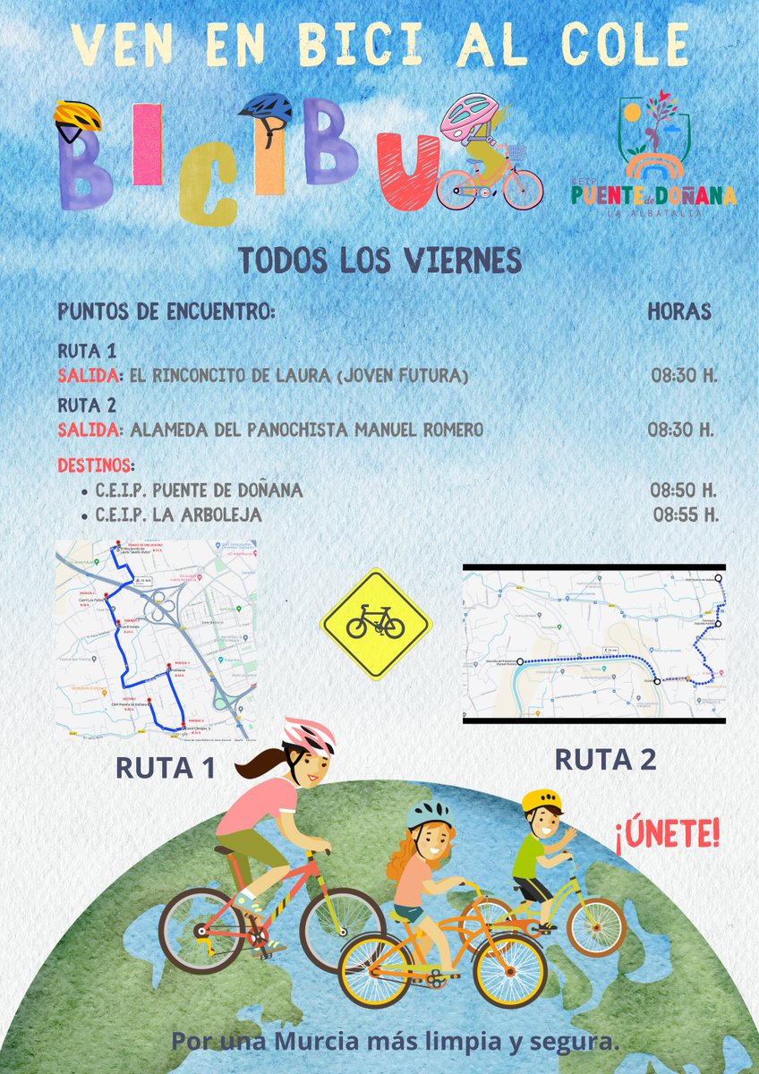 VEN EN BICI AL COLE. Un proyecto del CEIP PUENTE DE DOÑANA.

Cada viernes, el #CeipPuentedeDoñana de La Albatalía ha organizado #BiciBus, para promover el uso de la bici. La iniciativa consiste en llegar al centro escolar en bicicleta a través de una ruta compartida que.. (1/2)