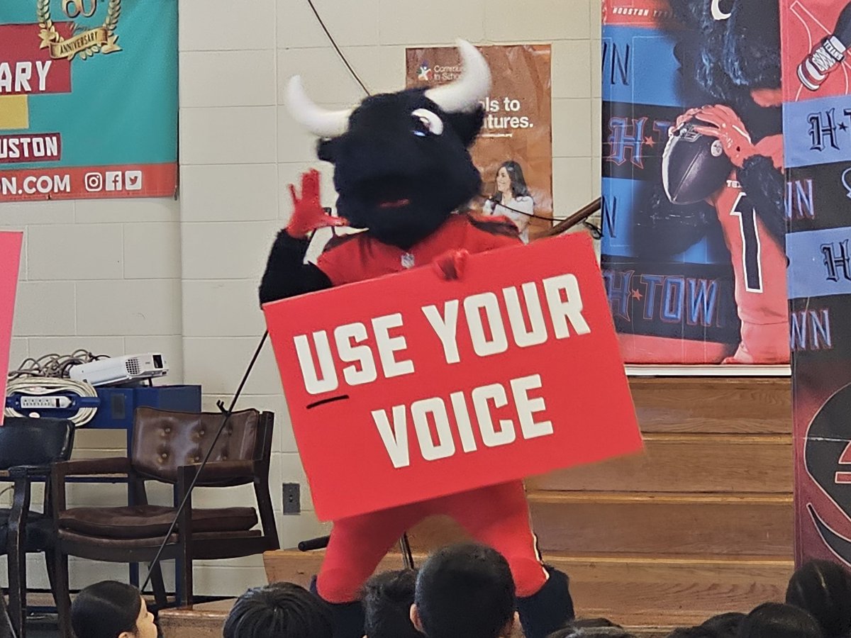 ZSinson's tweet photo. A HUGE shout out to @TexansTORO1 and the @HoustonTexans for coming out and showing our students at @mcnamaraeshisd how to take the BULL out of BULLYING! 🐂❤️💙 @ElachkarToufic https://t.co/a1nid0l8pF