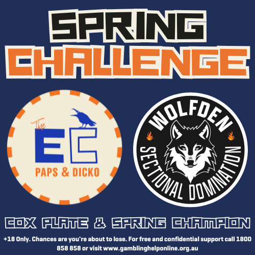 TheEarlyCrowPod's tweet photo. Spring Challenge!!
It's on this weekend. Us v The Den H2H all Saturday except Via & Firestorm. LETS GO!
@wolfdenapp @sothegreatgame @dickosmailbag @tompapley
#springcarnival #coxplate #springchampion #mooneevalley #randwick https://t.co/jPLexEVZTE