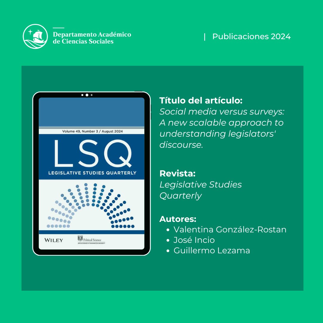 Compartimos el artículo "Social media versus surveys: A new scalable approach to understanding legislators' discourse", escrito por nuestro docente <a href="/Jlincio/">José Incio, Ph.D</a>, en coautoría con Valentina González-Rostani y Guillermo Lezama. Publicado en <a href="/LSQjournal/">Legislative Studies Quarterly</a>.

🔗 📄: onlinelibrary.wiley.com/doi/10.1111/ls…