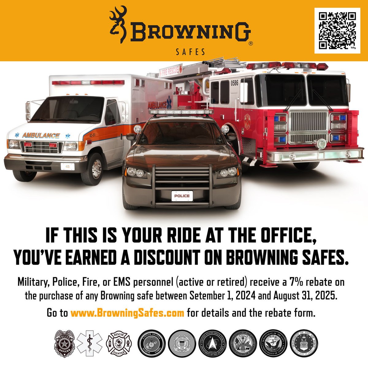 BrowningSafes's tweet photo. #BrowningSafes offers a 7% rebate on all new gun safes for active and retired military and first responders. 🛡️💪

Details and rebate form are available at https://t.co/ph56FlbMvc

Thank you for your service! 

#BrowningSafes #MilitaryDiscount #FirstResponderDiscount #GunSafety https://t.co/Nkhul5I8ZS
