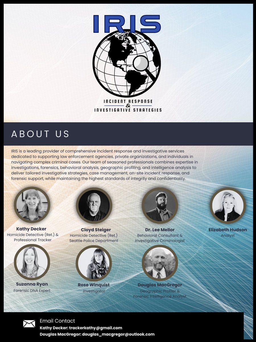 TheGeoProfiler's tweet image. Our team at IRIS wants to work with your agency to advance unsolved cases and seek resolution! Contact us today!
#LawEnforcement #policing #coldcase #missingperson #unsolved #crime