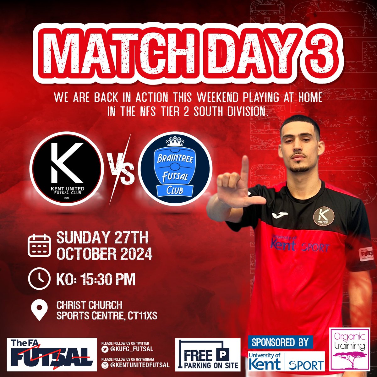 KUFC_FUTSAL's tweet photo. 🆚 @BraintreeFClub
⌚️15:30PM KO
📍Christ Church Sports Centre
🗓️Sunday 27th October
We are back in action this coming weekend 👀 🔴⚫️⚪️
#kentfutsal
KENT on me! KENT on 3!…….1,2,3, KENT!!!
National Futsal Series #fa_nfs https://t.co/H6M3Sf3iRH