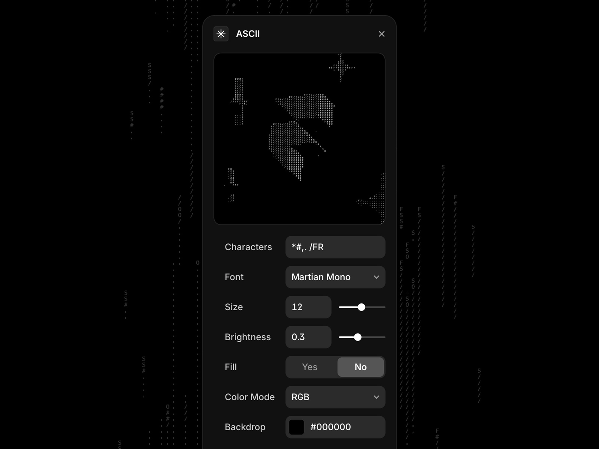 framer's tweet photo. Want to add a unique visual flair to your website? There’s a plugin for that!

🎨 Transform images and text into stunning ASCII art
🖱️ Convert visuals with just a few clicks for that distinctive style
🔧 Full control over typography, from fonts to spacing
✨ Add eye-catching, creative elements that make your website stand out
🔥 Perfect for turning simple visuals into artistic masterpieces