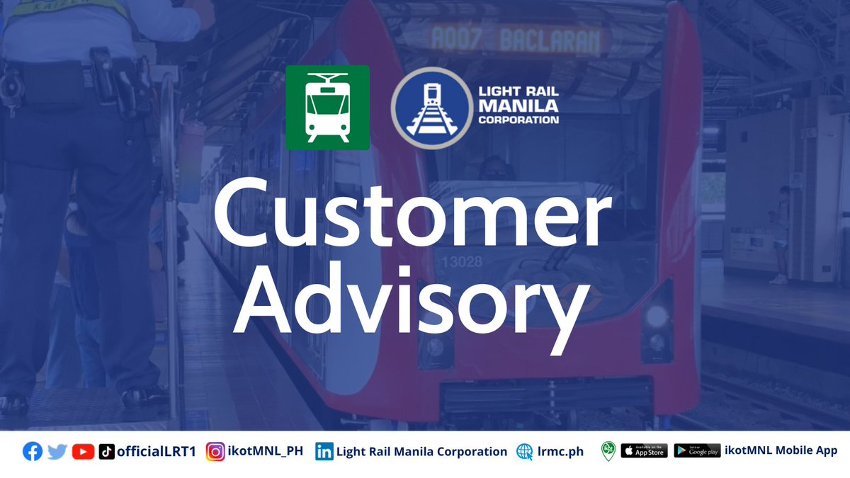 officialLRT1's tweet photo. ⚠️UPDATE: As of 25 October 2024, 3:00AM
LRT-1 Typhoon #KristinePH Advisory II ⚠️

LRMC will continue to implement limited operations when #LRT1 opens for commercial service at 4:30AM today. Trains will run only from Central Terminal to Fernando Poe Jr. Station (vice versa). https://t.co/BNqxUYGIL9