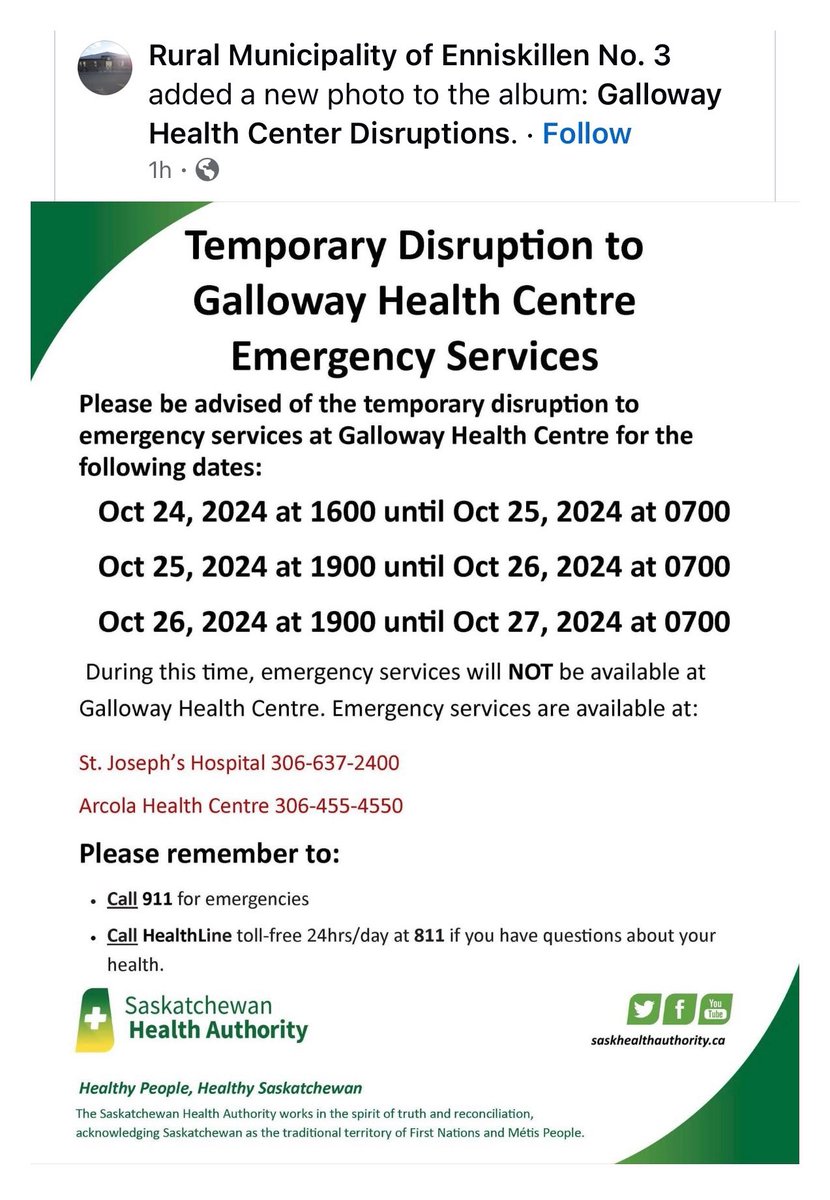 SUNnurses's tweet photo. Southeast Saskatchewan is AGAIN in trouble. Another multi-day emergency services bypass putting extreme stress on Estevan and Arcola. 

Rural healthcare in #Sask is crumbling. We cannot neglect rural health. These communities deserve better. #skpoli https://t.co/CsTIqUUrRu