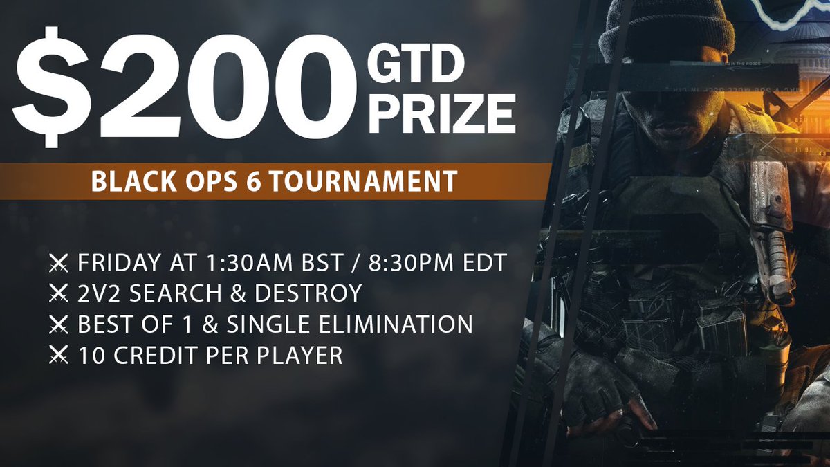 🚨$200 GTD 2V2 TOURNAMENT🚨

⏰ Starts at 1:30am BST / 8:30pm EDT
⚔️ 2v2 Search &amp; Destroy (Best of 1)
💰 $200 GTD prize

Register here -
theesportshub.com/tournaments/25…

#BO6Chall #BO6