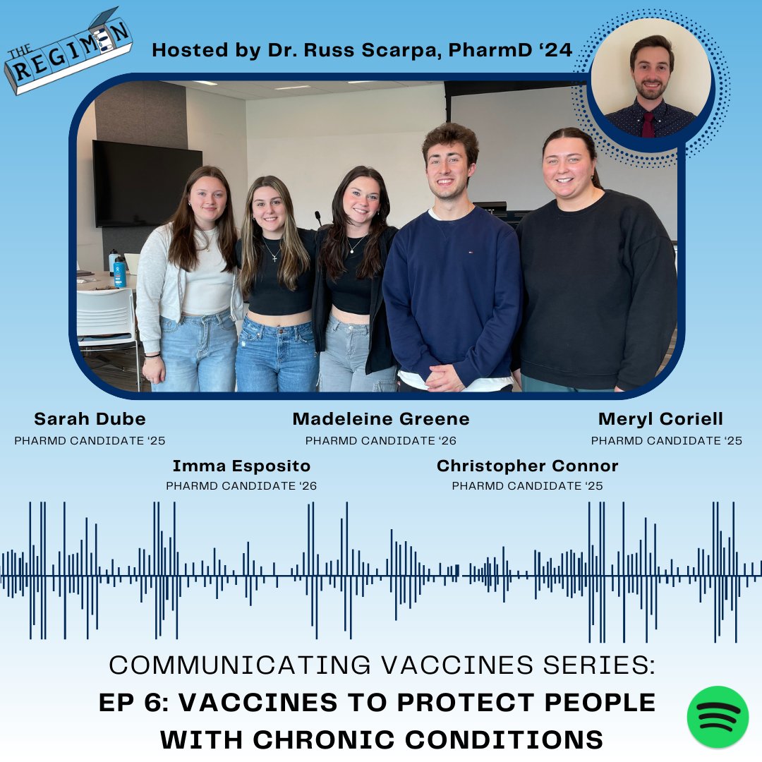 WE wrap up the Communicating Vaccines class podcast series with host Dr. Russ Scarpa about COVID-19 vaccine confidence among people with chronic conditions, and ways to increase their immunization rates. #TheRegimen #Pharmacy #URxI Listen now! spotifyanchor-web.app.link/e/tpX5cCBKXNb