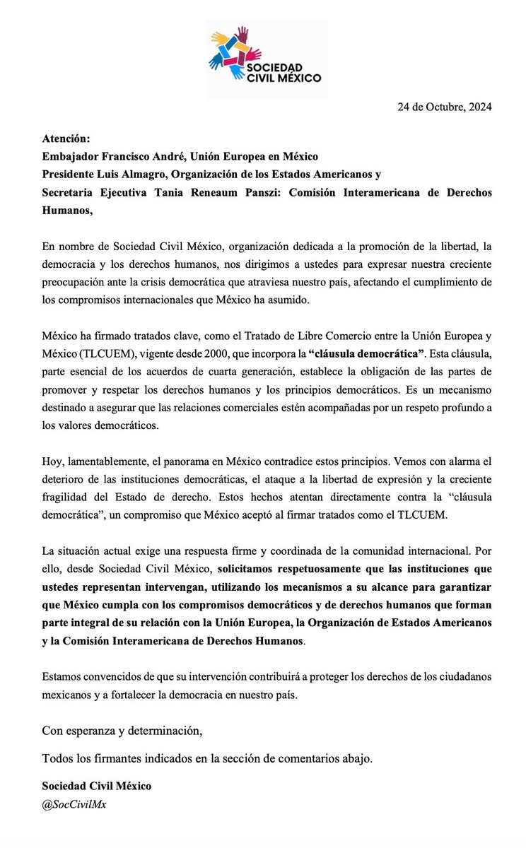 SocCivilMx's tweet photo. Por favor Comenta, Suscribe y Comparte.

COMUNICADO:

Union Europea en México (@UEenMexico), Francisco André (@FAndreUE)

Organización de los Estados Americanos (@OEA_oficial ) Luis Almagro (@Almagro_OEA2015) 

Comisión Interamericana de Derechos Humanos (@CIDH), Tania Reneaum Panszi (@TaniaReneaum)