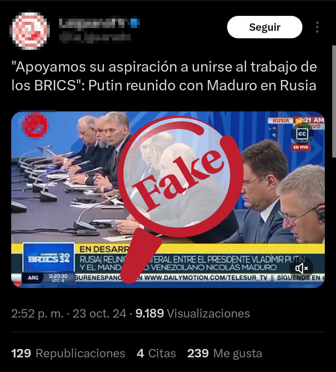 ObservatorioFN's tweet photo. Es 🚫#Fake que el presidente de Rusia, Vladimir Putin, dijo que apoyaba el ingreso de Venezuela a los BRICS, como han señalado medios pro gubernamentales.

📌La visita del mandatario Nicolás Maduro a Kazán, Rusia, a la cumbre de los BRICS, una asociación de economías emergentes fundada por: Brasil, Rusia, India, China, Sudáfrica, Egipto, Emiratos Árabes, Irán y Etiopía, no consiguió que Venezuela entrara entre los miembros de este club, principalmente por el veto de Brasil. 

🪡 1/3