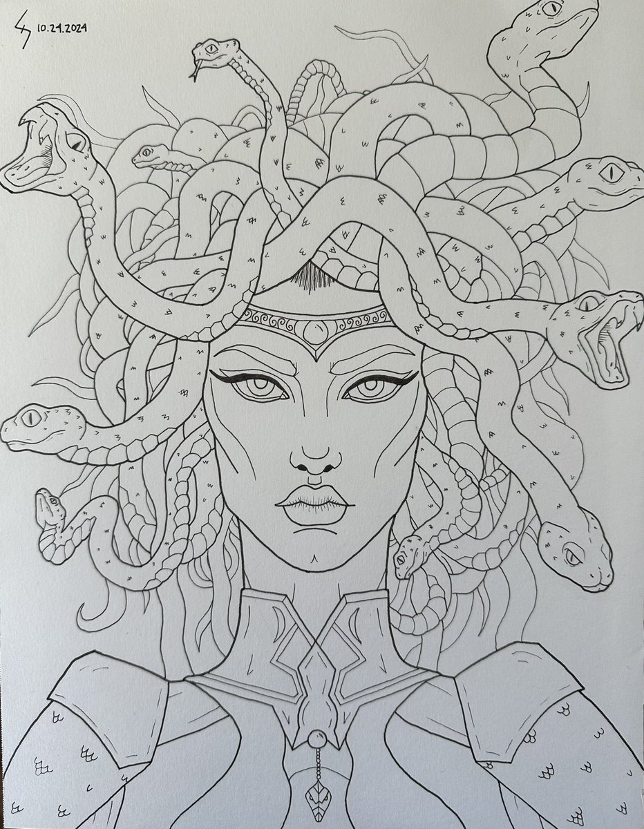 Captain_Syren's tweet photo. Day 24 of Cryptid Inktober, Gorgon, 4.5 Hours https://t.co/Qr07rKFowL