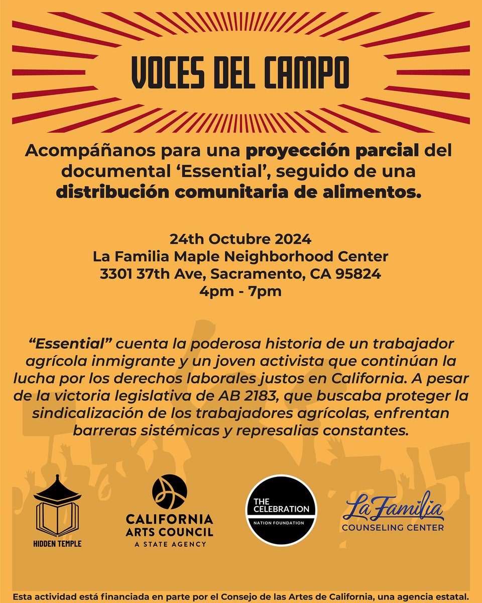 Join us today for a partial screening of the documentary ‘Essential’. This powerful film sheds light on the ongoing struggles of immigrant farmworkers &amp; activists fighting for fair labor rights. After, a community food distribution for the 1st 100 families, 1st-come, 1st-served.