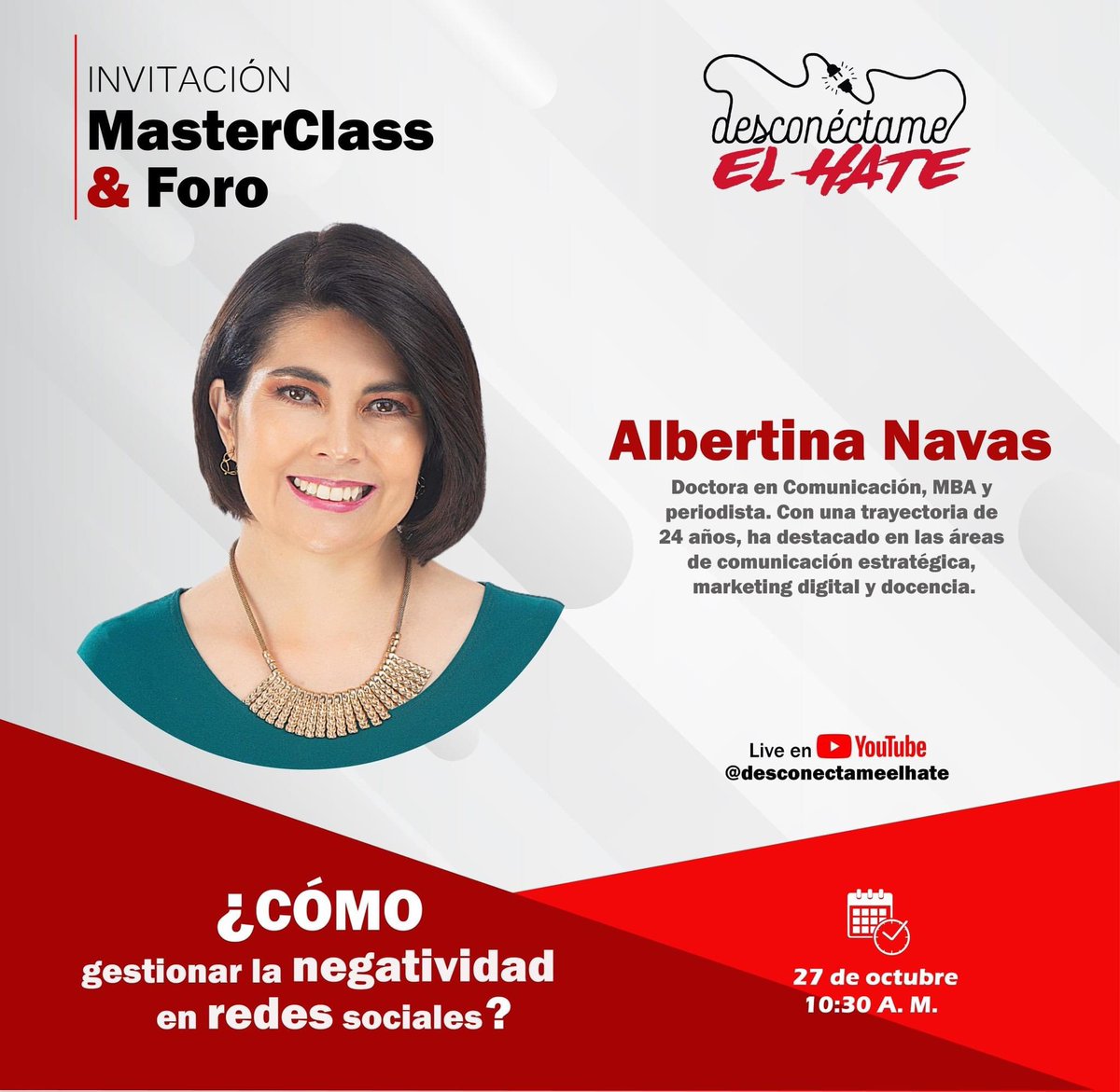 Desconecta65340's tweet photo. Esta es la oportunidad que esperabas para aprender las estrategias necesarias para manejar la negatividad en redes sociales. 

Únete a nuestro foro sobre comunicación en crisis impartido por la docente @albertina_navas. 

#DesconectameElHate 
#ComunicacionEnCrisis https://t.co/5D0HjkV05y