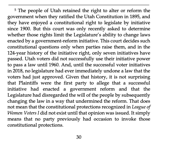 KatieMcKellar1's tweet photo. BTW, this footnote in this opinion is important, especially to address lawmakers claims that the Utah Supreme Court's ruling in the LWVU case upended "over 100 years of representative democracy in Utah." 
#utpol https://t.co/xmqLq2kJM5