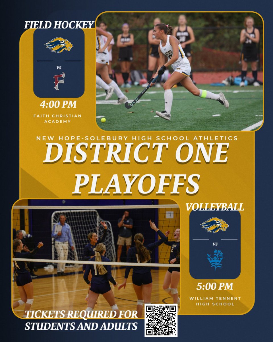 NH-S Lions Athletics (@lionsnhs) on Twitter photo PIAA District One Playoff Tickets:
Interested in cheering on your Lions during playoffs? Scan the QR Code to purchase tickets. Tickets are REQUIRED for Students and Adults. No cash sales at the gate.
@SOLSports <a href="/VJMHS/">Villa Joseph Marie</a> <a href="/myfcasports/">FCA Athletics</a> <a href="/WTHS_Sports/">WTHSAthletics</a> PIAA District One Playoff Tickets:
Interested in cheering on your Lions during playoffs? Scan the QR Code to purchase tickets. Tickets are REQUIRED for Students and Adults. No cash sales at the gate.
@SOLSports <a href="/VJMHS/">Villa Joseph Marie</a> <a href="/myfcasports/">FCA Athletics</a> <a href="/WTHS_Sports/">WTHSAthletics</a>