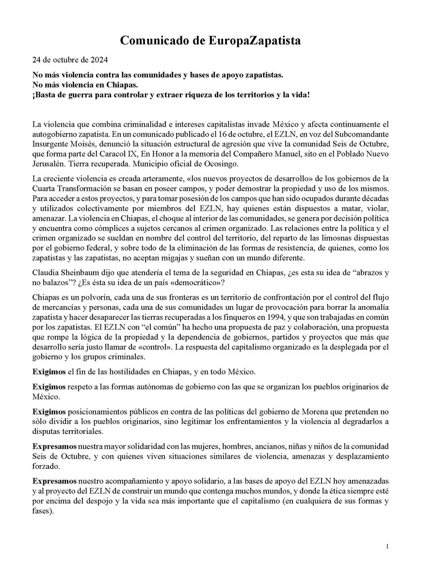 yretiemble's tweet photo. La Europa Insumisa con las Zapatistas | Comunicado de la Red de Europa Zapatista (24.10.2024) https://t.co/Zj4qpRIVN6

Más de 80 organizaciones europeas se suman para reclamar el alto a las recientes e históricas agresiones a las comunidades Zapatistas

@RaulRomero_mx @lhan55 https://t.co/tOx5uiUzxt