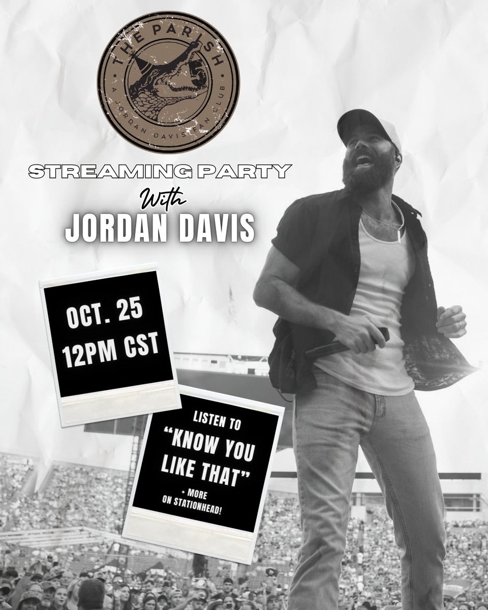 A PARTY WITH JORDAN?! Join us this Friday on Stationhead at 12PM CST to listen and chat along with <a href="/JordanCWDavis/">Jordan Davis Music</a> to all of our favorite songs to celebrate the release of Jordan’s next track “Know You Like That” and 5 years of The Parish!  #TheParishDay stationhead.com/theparish