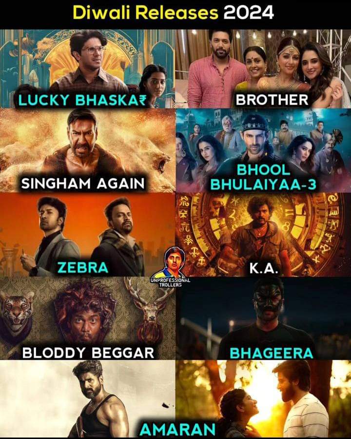 ماهو الفيلم الذي تنتظره عزيزي المشاهد هذا الديوالي ؟
31 اكتوبر :
#Zebra 
#LuckyBaskhar 
#Brother 
#BloddyBeggar 
#Amaran 
#Bagheera 
#KA 
1 نوفمبر : 
#BhoolBhulaiyaa3  
#Singhamagain