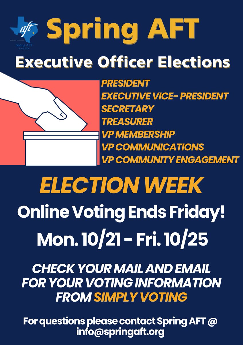 AftSpring's tweet image. Spring AFT! It’s time to vote for your Executive Officers! 📷 Online voting ends Friday, 10/25. Be sure to check your mail and email for voting information from Simply Voting. Make sure to vote because your vote matters! 📷 #SpringAFT #UnionStrong #VoteToday