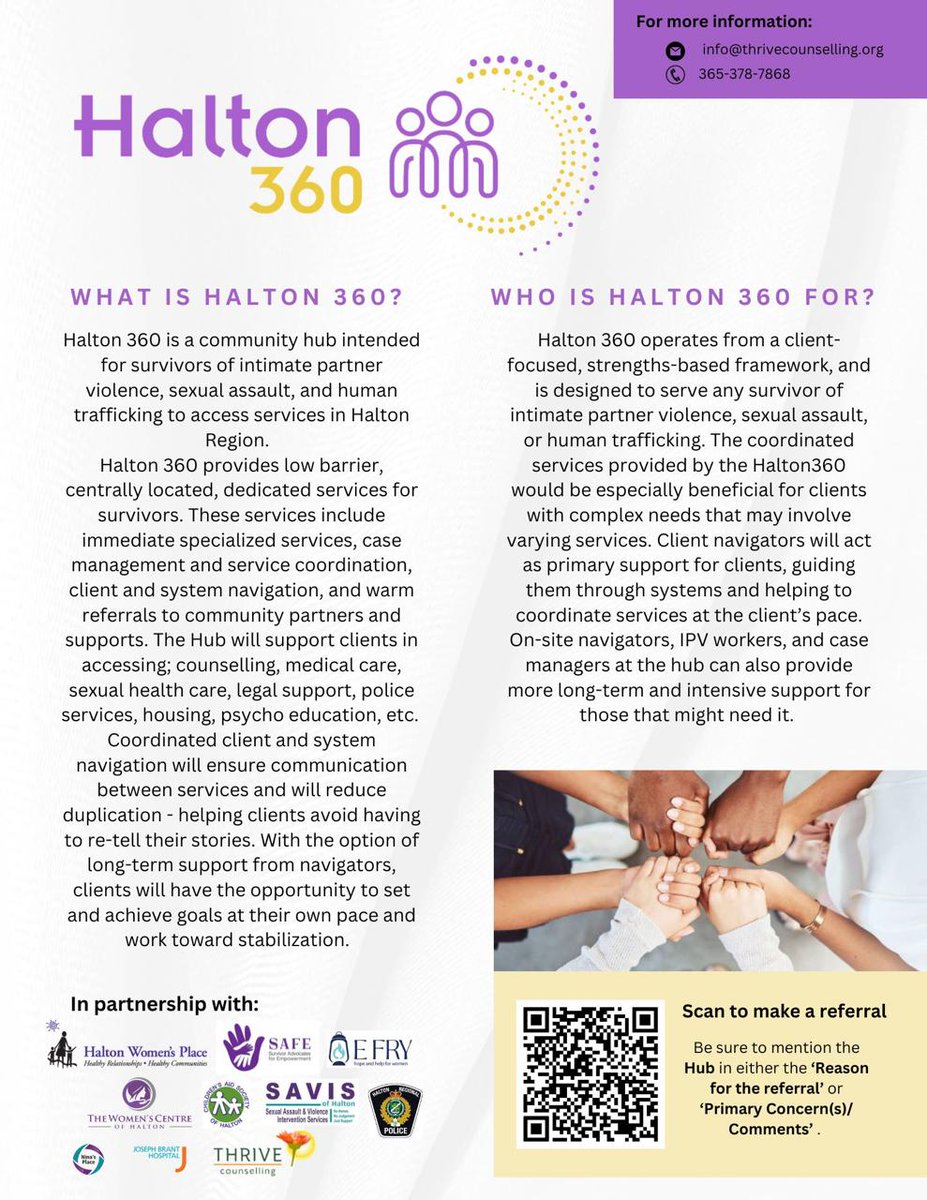 The Halton 360 community hub is intended for survivors of intimate partner violence, sexual assault, and human trafficking to access coordinated, centrally-located, gender-based violence services in Halton Region.